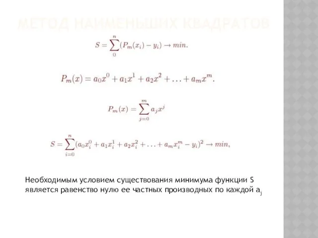 МЕТОД НАИМЕНЬШИХ КВАДРАТОВ Необходимым условием существования минимума функции S является