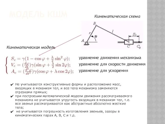 МОДЕЛЬ КШМ Кинематическая схема Не учитываются конструктивные формы и расположение