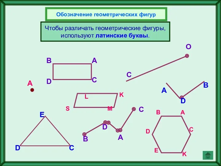 Обозначение геометрических фигур Чтобы различать геометрические фигуры, используют латинские буквы.