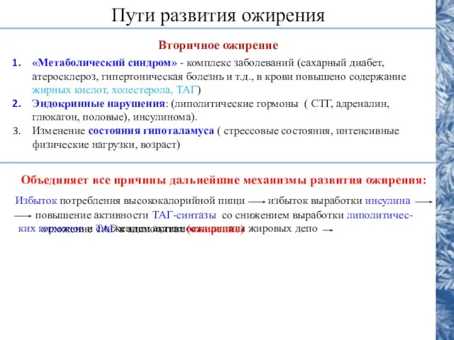 Пути развития ожирения Вторичное ожирение «Метаболический синдром» - комплекс заболеваний