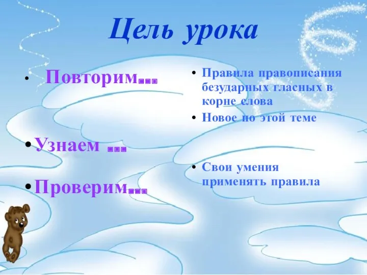 Цель урока Повторим… Узнаем … Проверим… Правила правописания безударных гласных