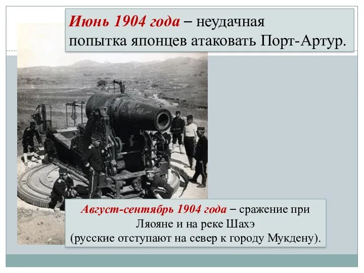 Июнь 1904 года – неудачная попытка японцев атаковать Порт-Артур. Август-сентябрь 1904 года –