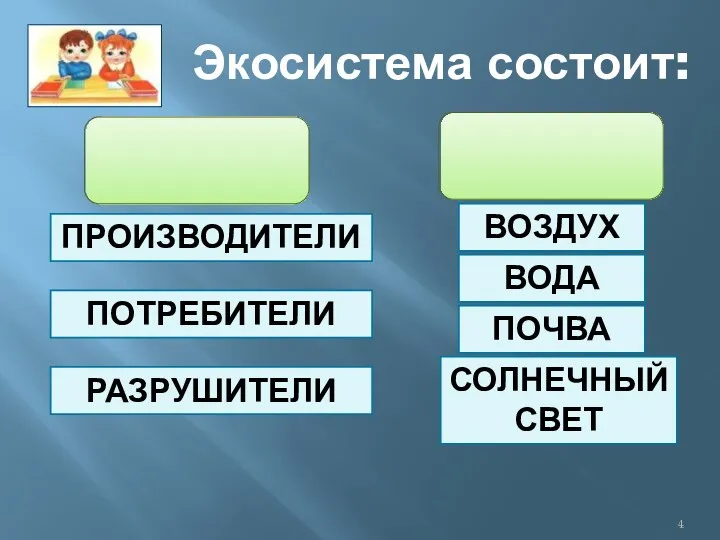 Экосистема состоит: ПРОИЗВОДИТЕЛИ ПОТРЕБИТЕЛИ РАЗРУШИТЕЛИ ВОЗДУХ ВОДА ПОЧВА СОЛНЕЧНЫЙ СВЕТ ЖИВАЯ ПРИРОДА НЕЖИВАЯ ПРИРОДА