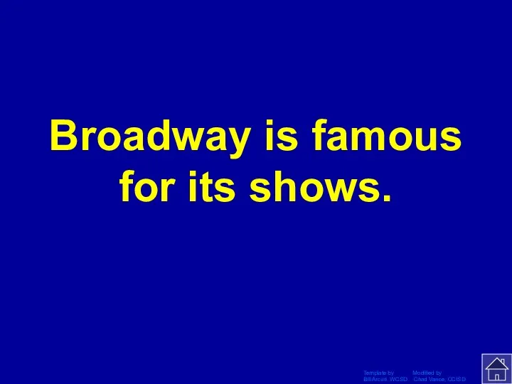Template by Modified by Bill Arcuri, WCSD Chad Vance, CCISD Broadway is famous for its shows.