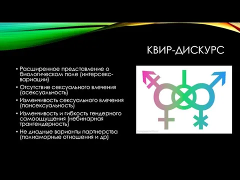 КВИР-ДИСКУРС Расширенное представление о биологическом поле (интерсекс-вариации) Отсутствие сексуального влечения (асексуальность) Изменчивость сексуального