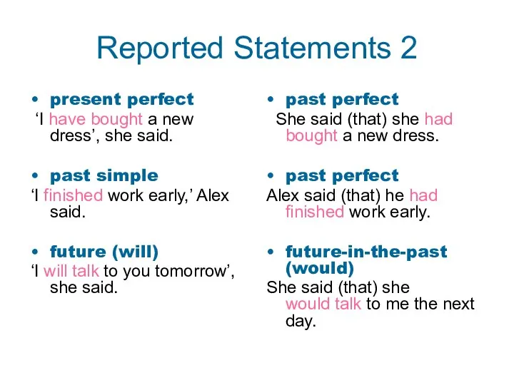 Reported Statements 2 present perfect ‘I have bought a new dress’, she said.