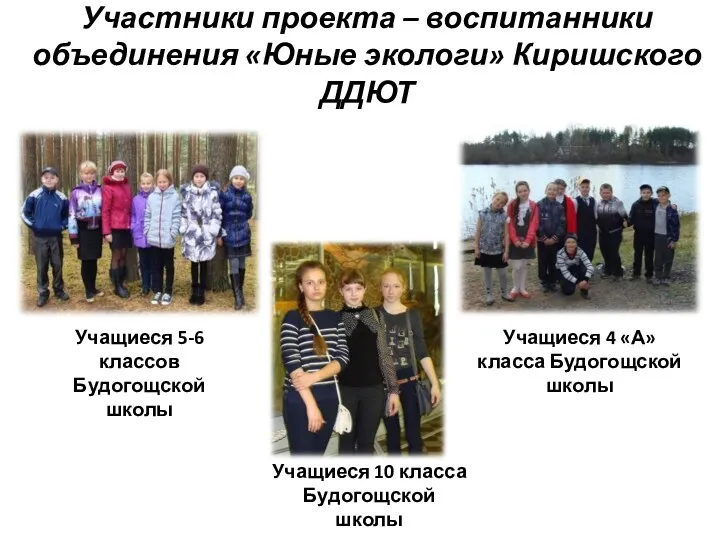 Участники проекта – воспитанники объединения «Юные экологи» Киришского ДДЮТ Учащиеся
