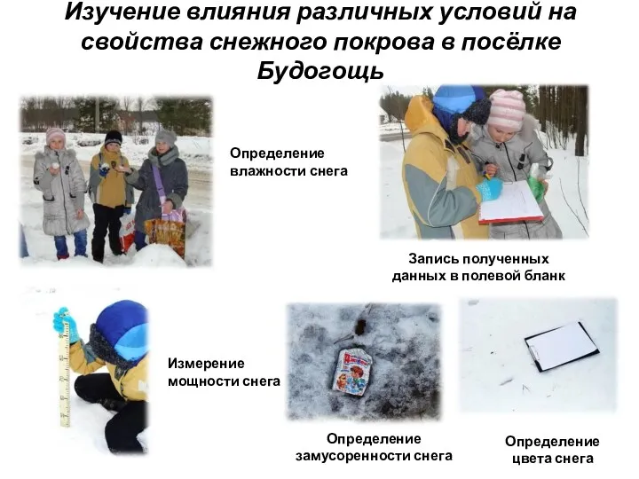 Изучение влияния различных условий на свойства снежного покрова в посёлке Будогощь Определение влажности