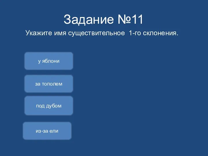 Задание №11 Укажите имя существительное 1-го склонения. у яблони под дубом из-за ели за тополем