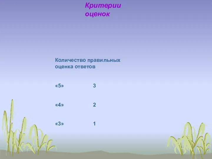 Критерии оценок Количество правильных оценка ответов «5» 3 «4» 2 «3» 1