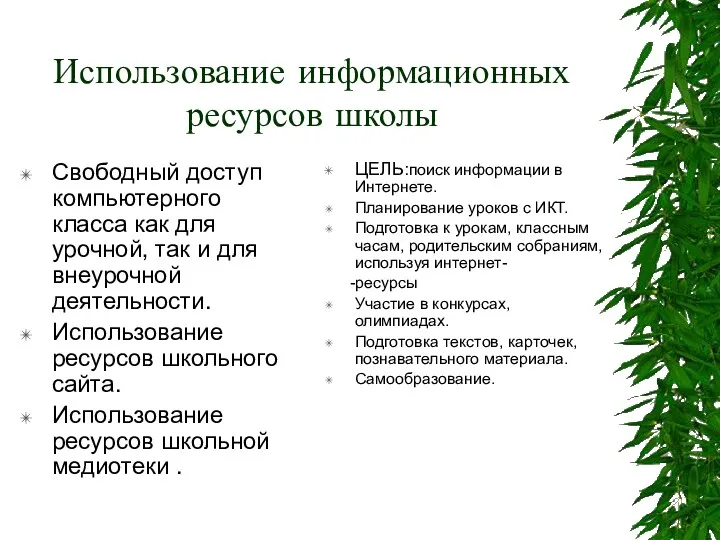 Использование информационных ресурсов школы Свободный доступ компьютерного класса как для