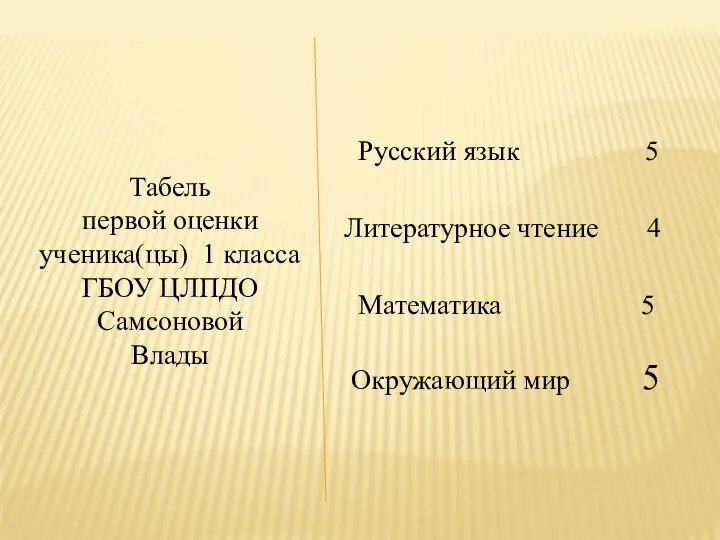 Табель первой оценки ученика(цы) 1 класса ГБОУ ЦЛПДО Самсоновой Влады