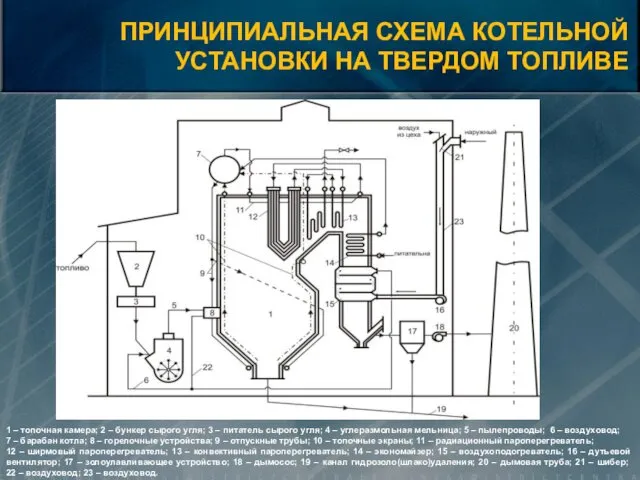 1 – топочная камера; 2 – бункер сырого угля; 3