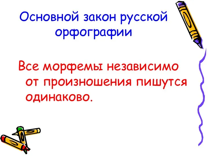 Основной закон русской орфографии Все морфемы независимо от произношения пишутся одинаково.
