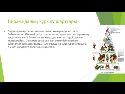 Пирамиданың құрылу шарттары Пирамиданың сол жағында витамин, минералды заттектер бейнеленген.