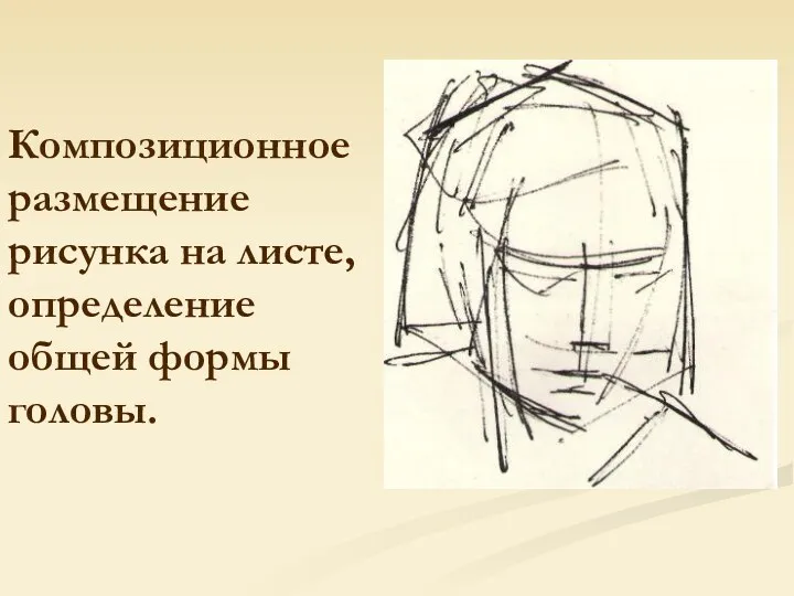 Композиционное размещение рисунка на листе, определение общей формы головы.