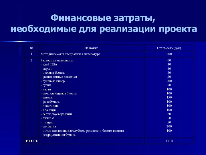 Финансовые затраты, необходимые для реализации проекта