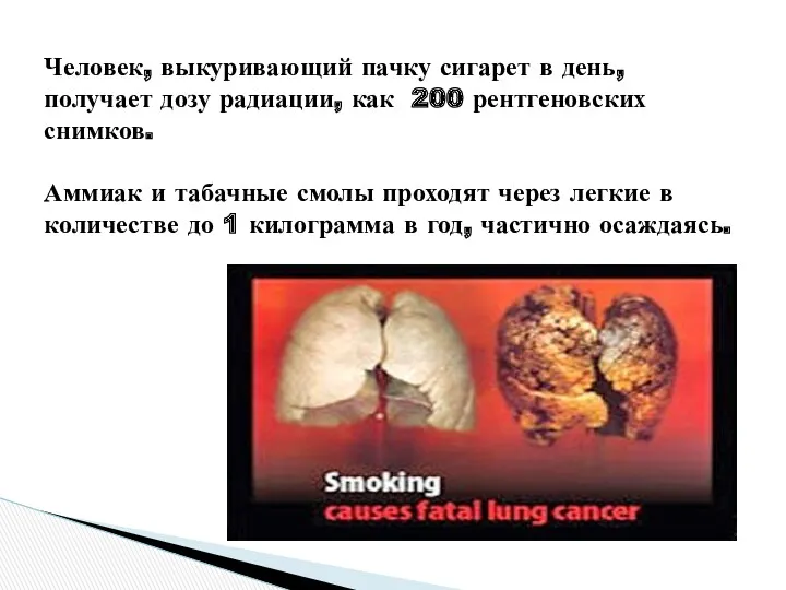 Человек, выкуривающий пачку сигарет в день, получает дозу радиации, как
