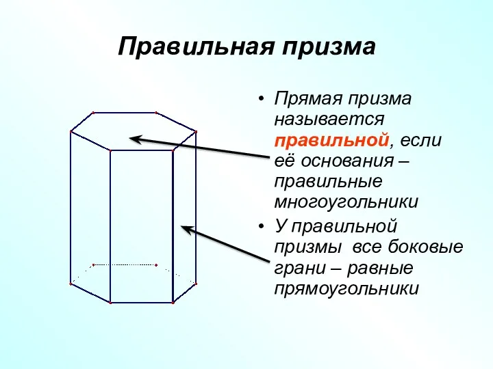 Правильная призма Прямая призма называется правильной, если её основания –