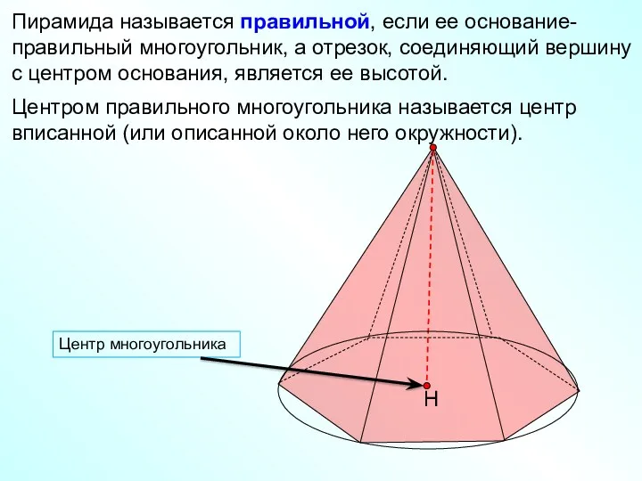 Пирамида называется правильной, если ее основание- правильный многоугольник, а отрезок, соединяющий вершину с