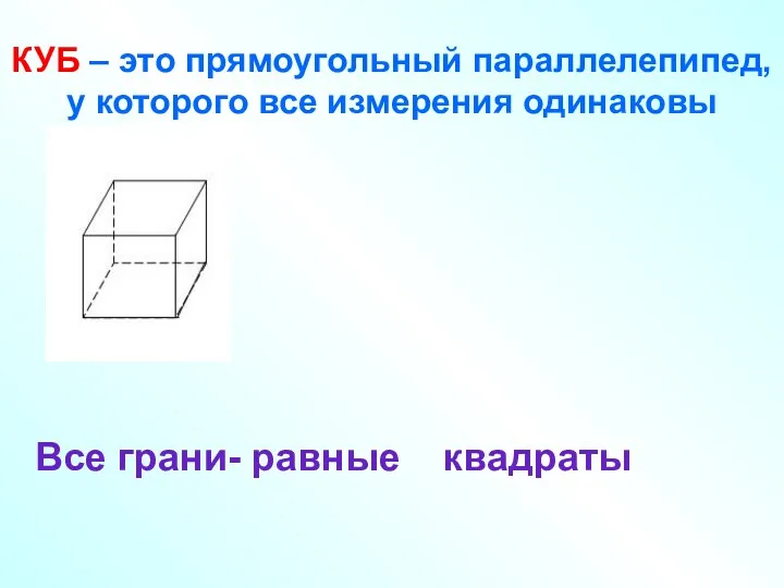 КУБ – это прямоугольный параллелепипед, у которого все измерения одинаковы Все грани- равные квадраты