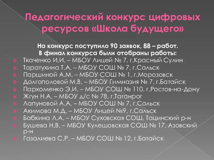 Педагогический конкурс цифровых ресурсов «Школа будущего» На конкурс поступило 90