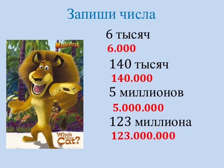 Запиши числа 6 тысяч 140 тысяч 5 миллионов 123 миллиона 6.000 140.000 5.000.000 123.000.000