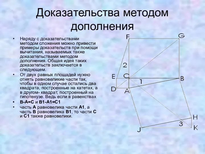 Доказательства методом дополнения Наряду с доказательствами методом сложения можно привести