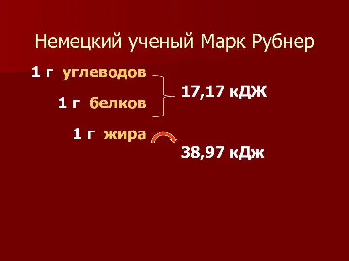 Немецкий ученый Марк Рубнер 1 г углеводов 1 г белков