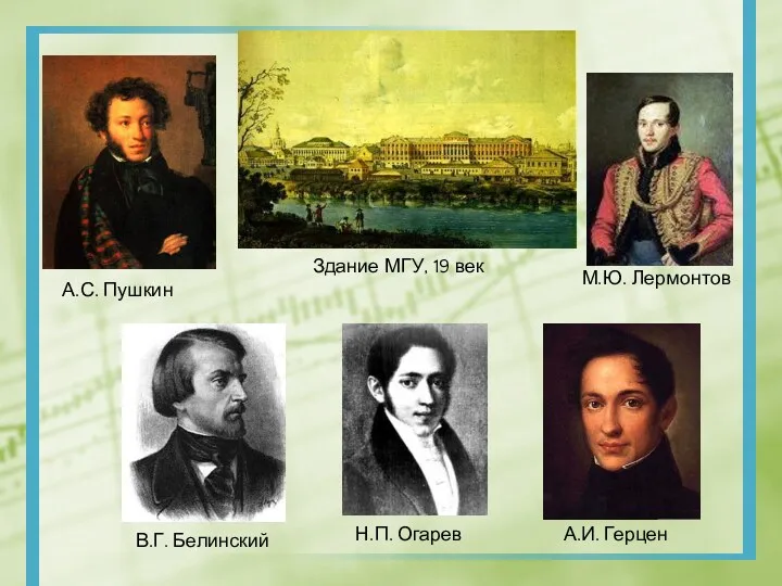 Здание МГУ, 19 век В.Г. Белинский Н.П. Огарев А.И. Герцен М.Ю. Лермонтов А.С. Пушкин