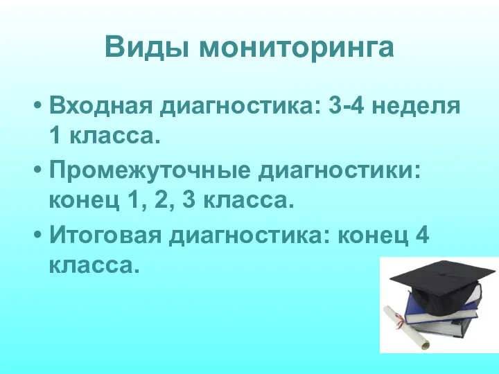 Виды мониторинга Входная диагностика: 3-4 неделя 1 класса. Промежуточные диагностики: конец 1, 2,