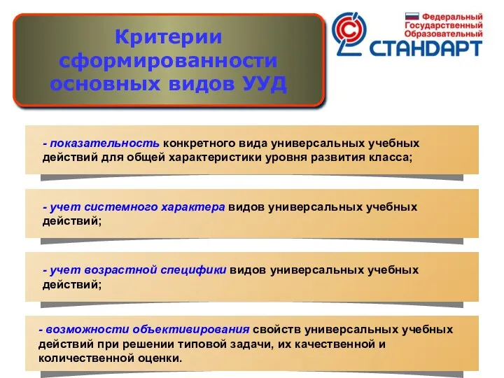 Критерии сформированности основных видов УУД - показательность конкретного вида универсальных