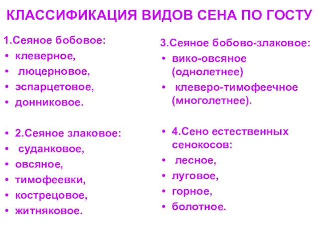 КЛАССИФИКАЦИЯ ВИДОВ СЕНА ПО ГОСТУ 1.Сеяное бобовое: клеверное, люцерновое, эспарцетовое,