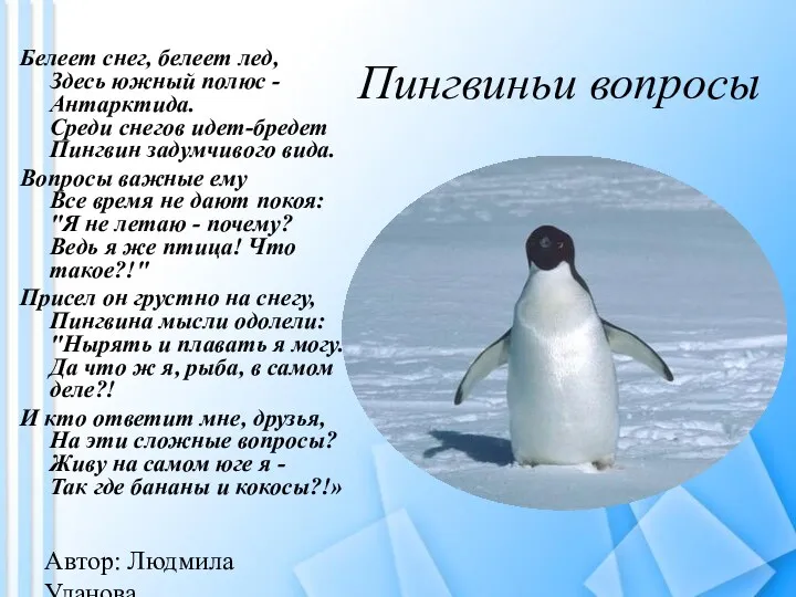 Белеет снег, белеет лед, Здесь южный полюс - Антарктида. Среди снегов идет-бредет Пингвин