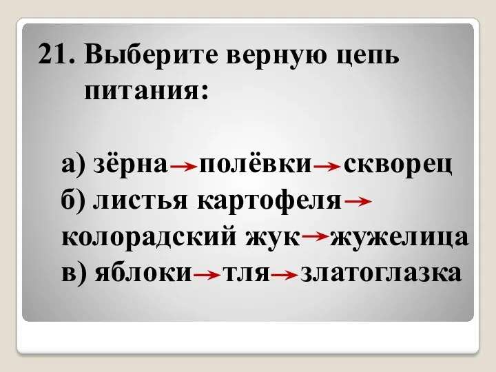 21. Выберите верную цепь питания: а) зёрна полёвки скворец б)