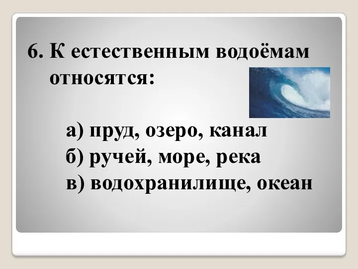 6. К естественным водоёмам относятся: а) пруд, озеро, канал б) ручей, море, река в) водохранилище, океан