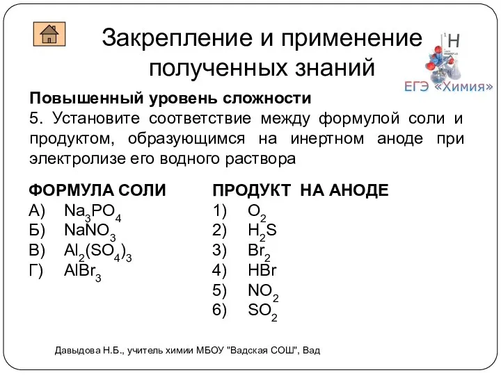 Закрепление и применение полученных знаний Повышенный уровень сложности 5. Установите