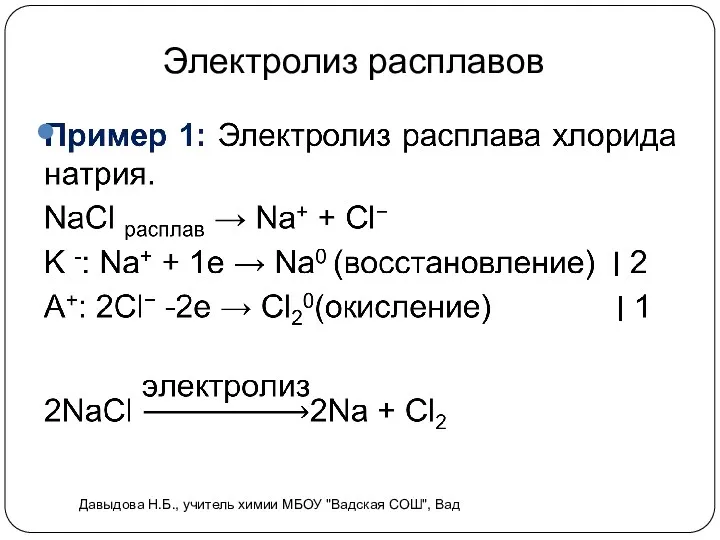 Электролиз расплавов Давыдова Н.Б., учитель химии МБОУ "Вадская СОШ", Вад