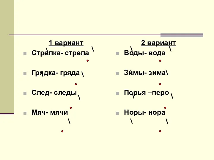 1 вариант Стрелка- стрела Грядка- гряда След- следы Мяч- мячи