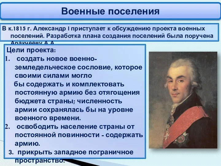 Военные поселения В к.1815 г. Александр I приступает к обсуждению проекта военных поселений.