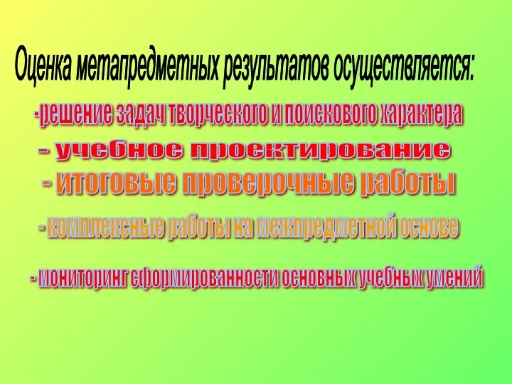 Оценка метапредметных результатов осуществляется: -решение задач творческого и поискового характера