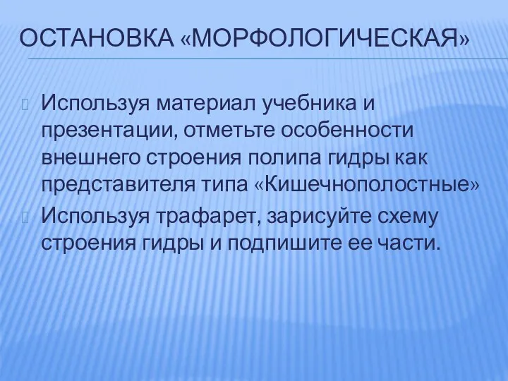 Остановка «Морфологическая» Используя материал учебника и презентации, отметьте особенности внешнего