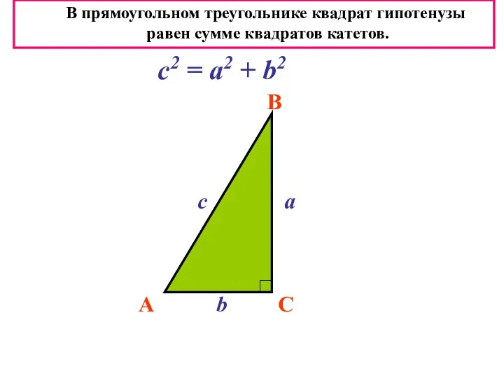 A B C a b c c2 = a2 + b2 В прямоугольном