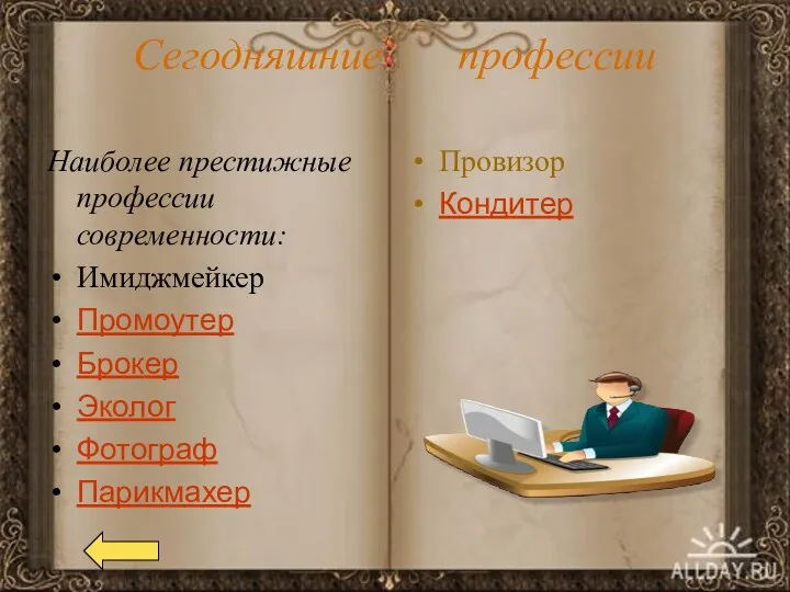 Сегодняшние профессии Наиболее престижные профессии современности: Имиджмейкер Промоутер Брокер Эколог Фотограф Парикмахер Провизор Кондитер