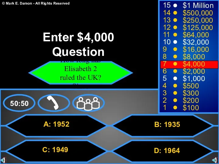 A: 1952 C: 1949 B: 1935 D: 1964 50:50 15