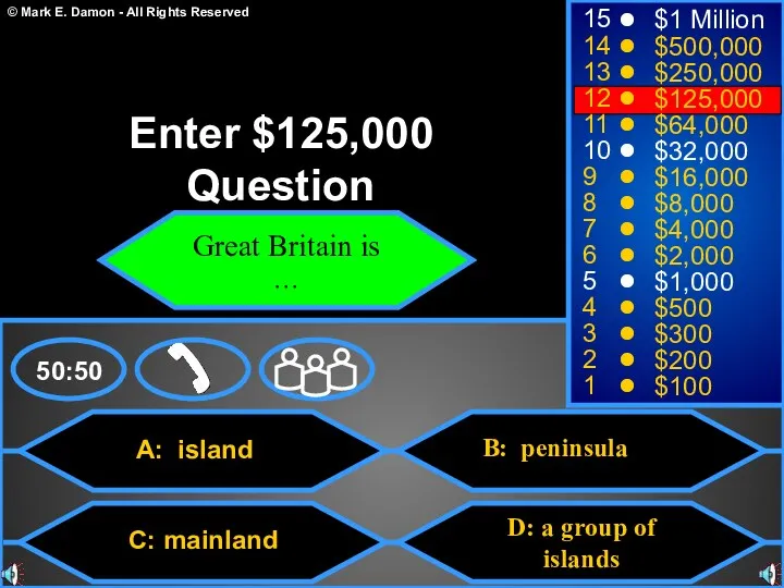 D: a group of islands A: island C: mainland B: