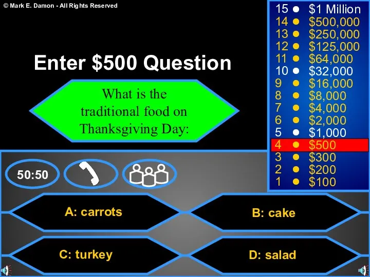 A: carrots C: turkey B: cake D: salad 50:50 15