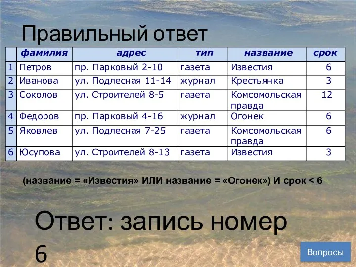 Правильный ответ (название = «Известия» ИЛИ название = «Огонек») И срок Вопросы Ответ: запись номер 6