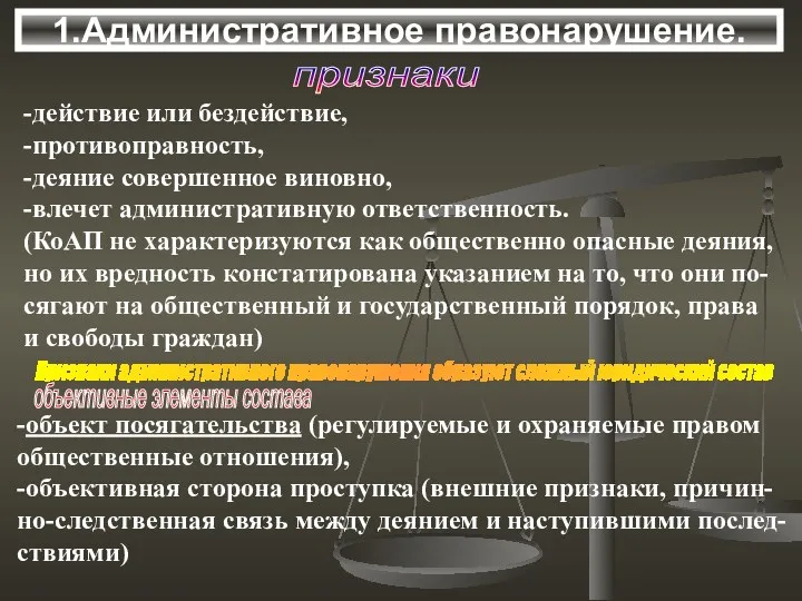 1.Административное правонарушение. признаки -действие или бездействие, -противоправность, -деяние совершенное виновно,