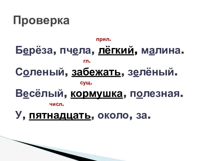 прил. Берёза, пчела, лёгкий, малина. гл. Соленый, забежать, зелёный. сущ.